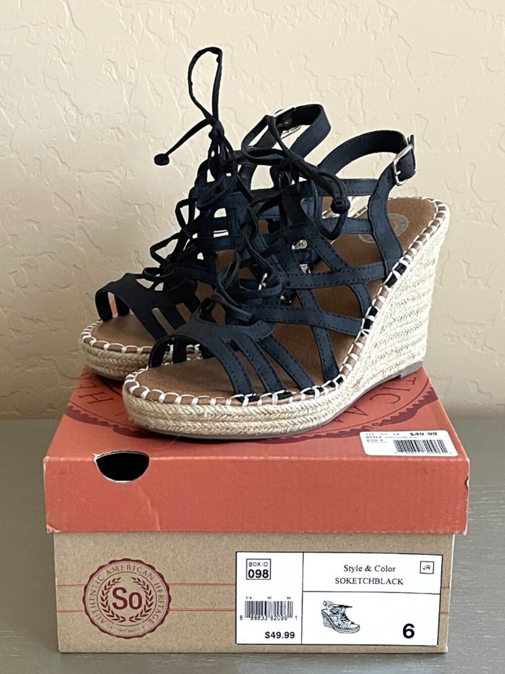 SO Kohls Lace Up Jute Platform Wedge Espadrille Sandals Ketch Black Worn Once 6